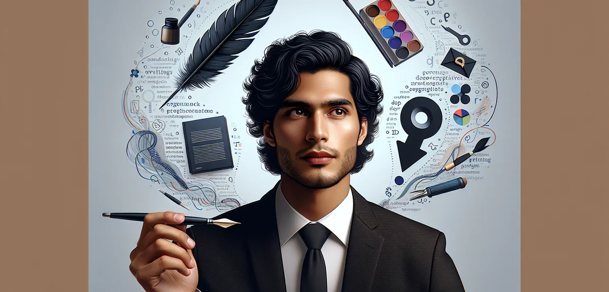 Skill-based side jobs concept, icons for writing, design, programming floating around person, profes