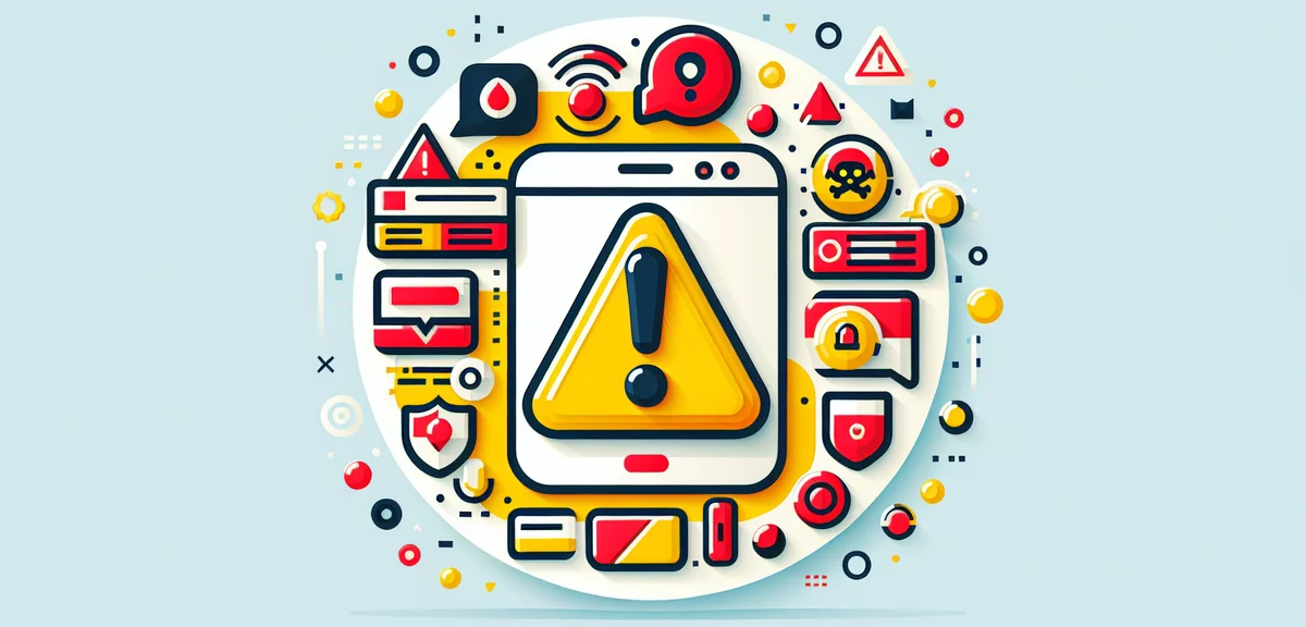 SNSアプリのアイコンに警告マークが重なったイラスト、オンライン詐欺のリスクを表現、赤と黄色のアクセントカラーのクリーンなモダンデザイン