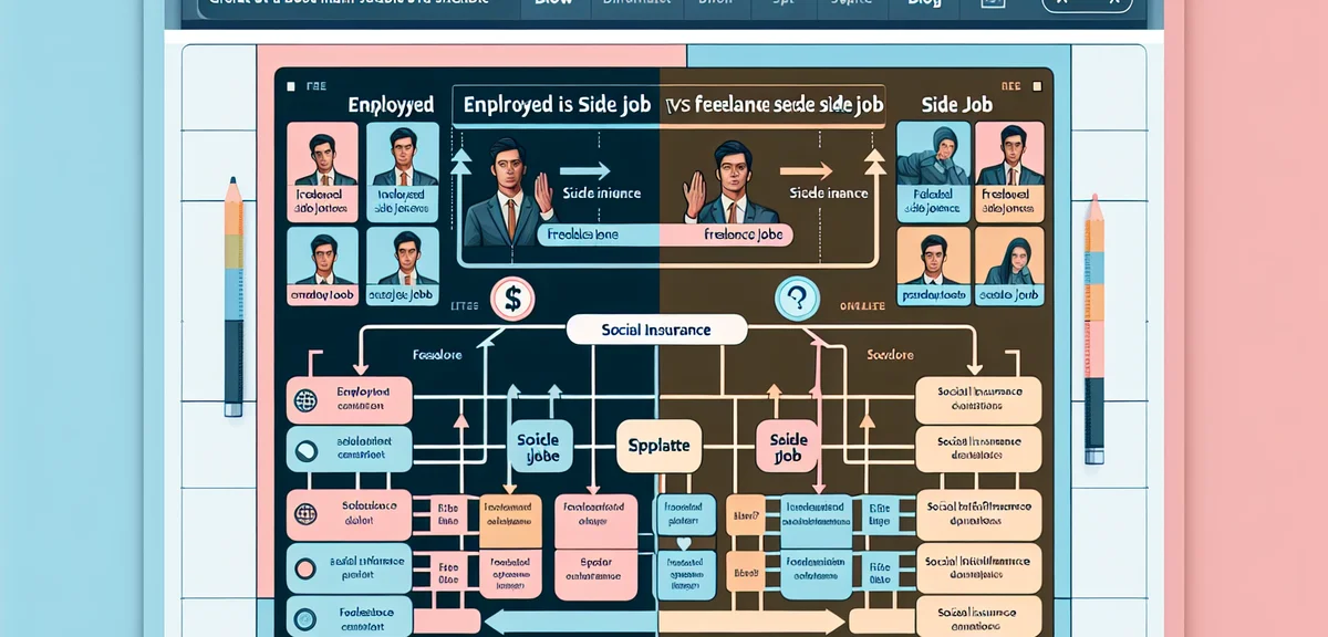 A comparison diagram of employed side job vs freelance side job and their social insurance implicati