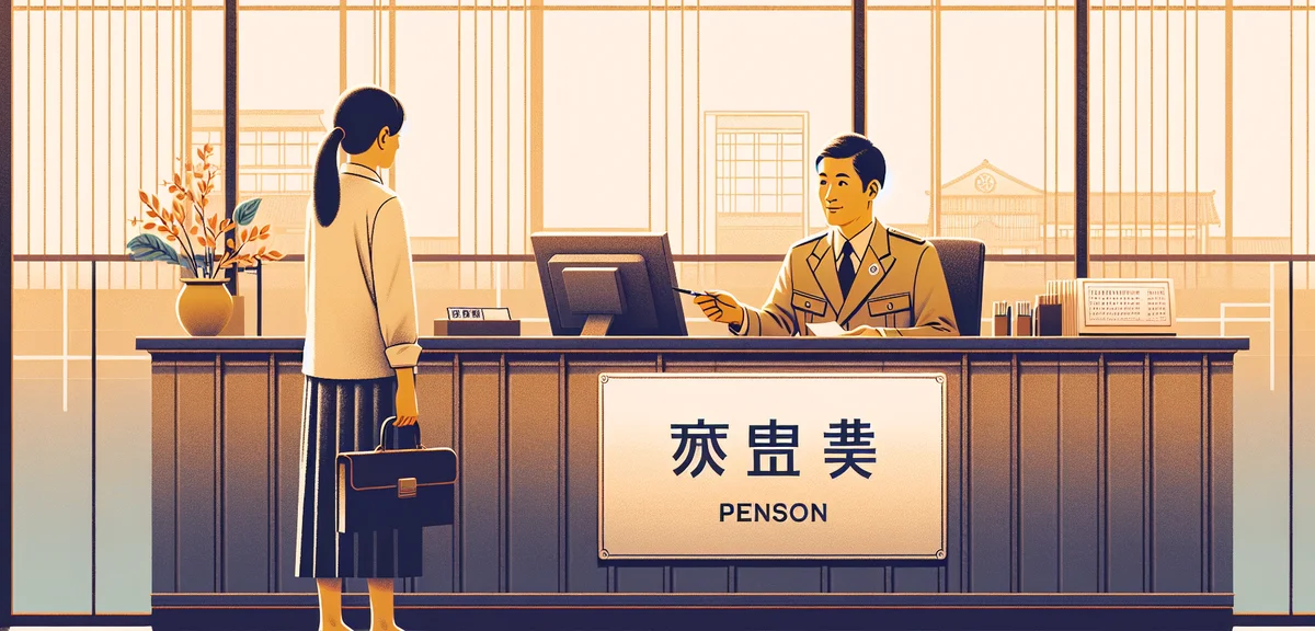 A person consulting with a professional at a pension office counter, helpful and reassuring atmosphe
