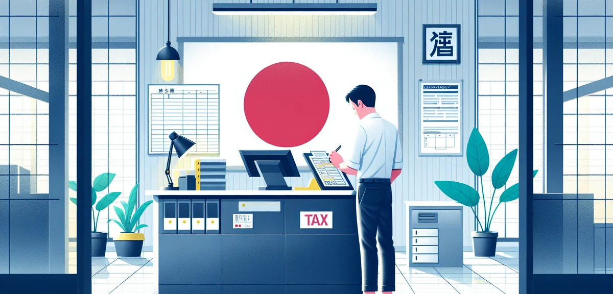 A person filling out a business registration form (開業届) at a tax office counter, clean and simple il