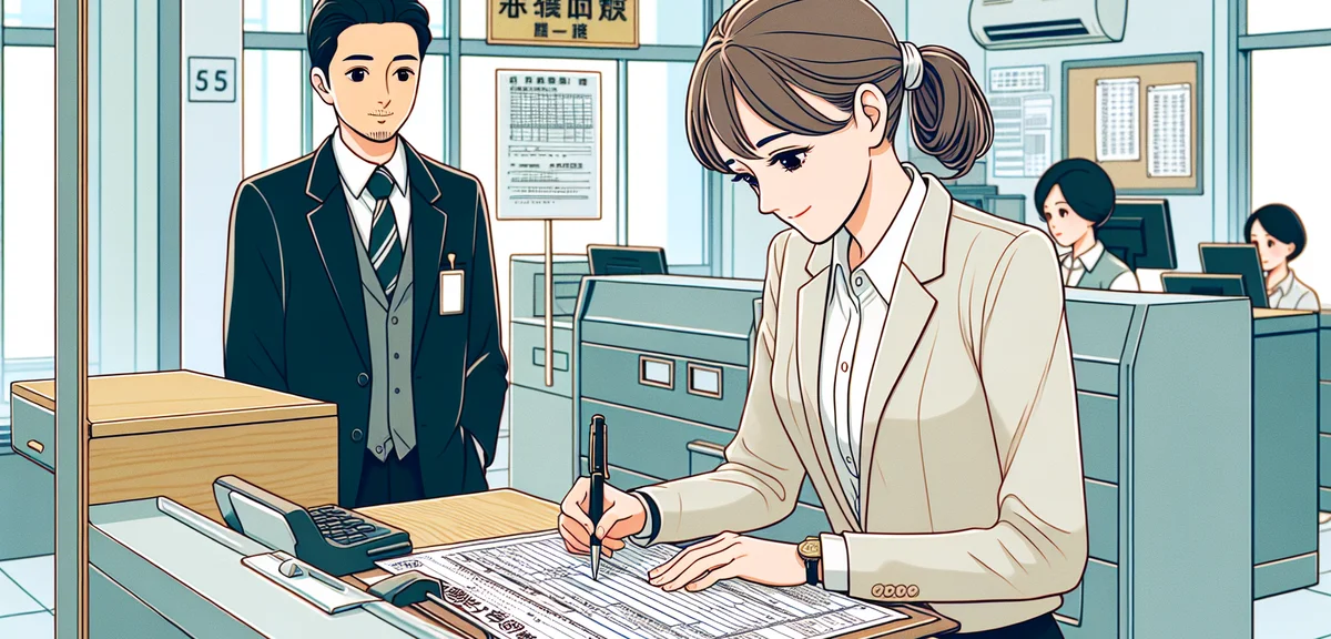 A person filling out a business registration form (開業届) at a tax office counter, clean and simple il