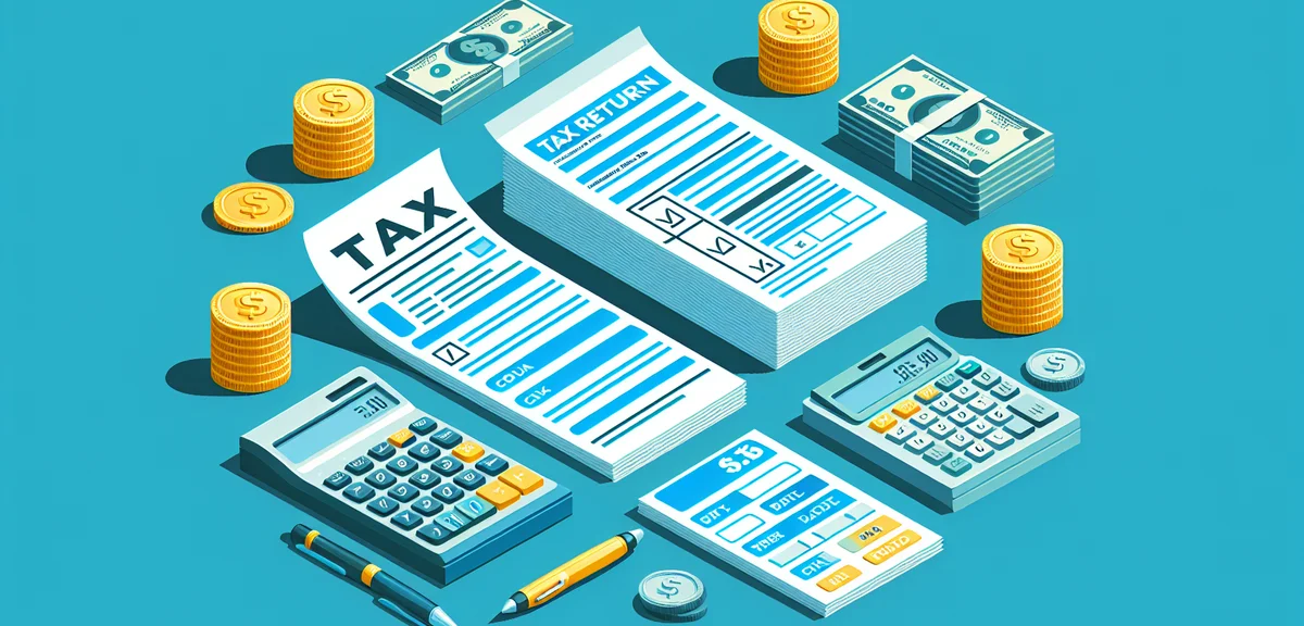 A comparison scene showing blue tax return form vs white tax return form, with coins and calculator,