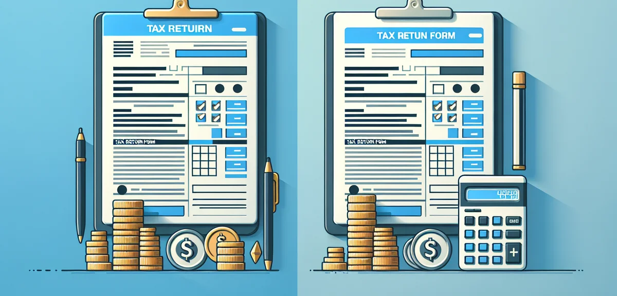 A comparison scene showing blue tax return form vs white tax return form, with coins and calculator,