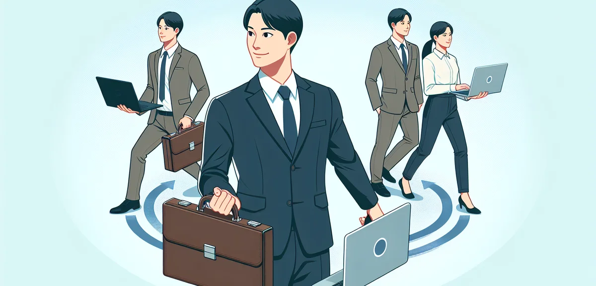A confident Japanese office worker balancing a briefcase and a laptop representing dual career, mode