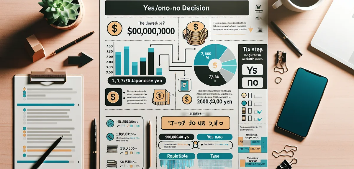 Comparison chart showing 20万円 threshold, yes/no decision flowchart, simple infographic about tax req
