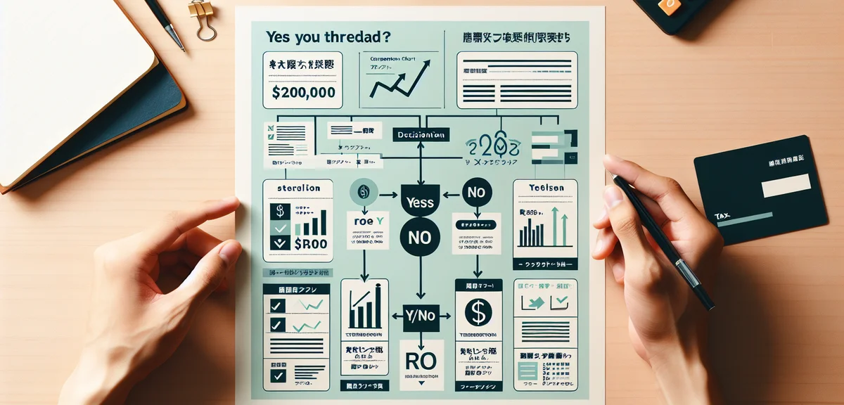 Comparison chart showing 20万円 threshold, yes/no decision flowchart, simple infographic about tax req