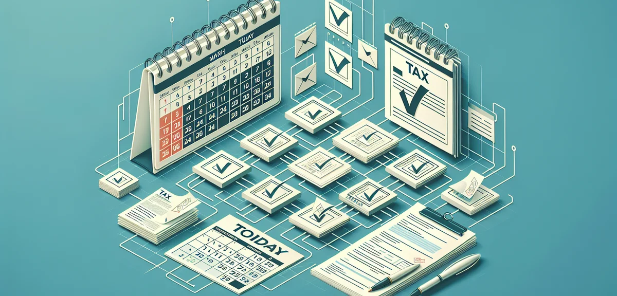 Calendar showing March deadline, tax documents with checkmarks, step by step process visualization, 