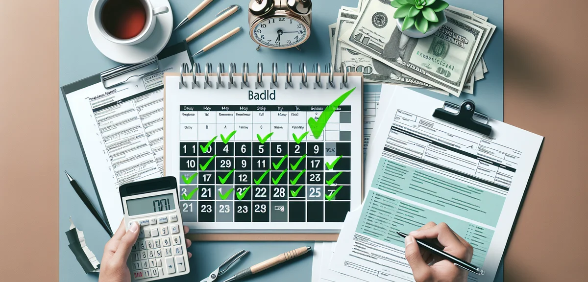 Calendar showing March deadline, tax documents with checkmarks, step by step process visualization, 