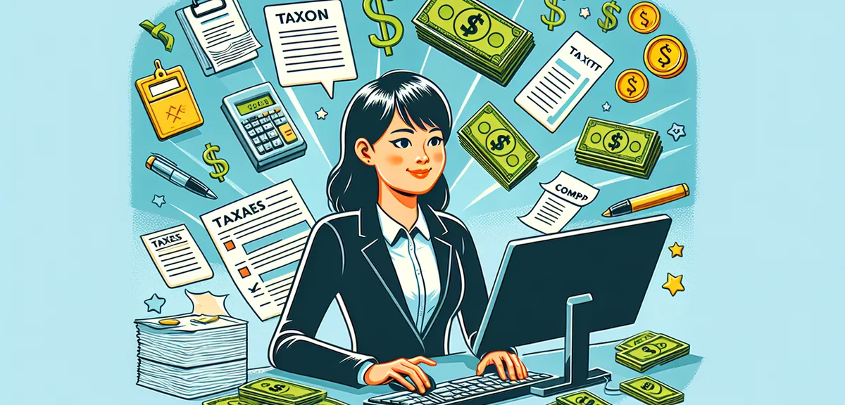 Person confidently filing taxes on computer, money and receipt icons, success and completion concept