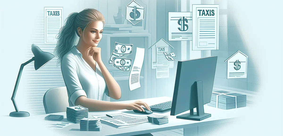 Person confidently filing taxes on computer, money and receipt icons, success and completion concept