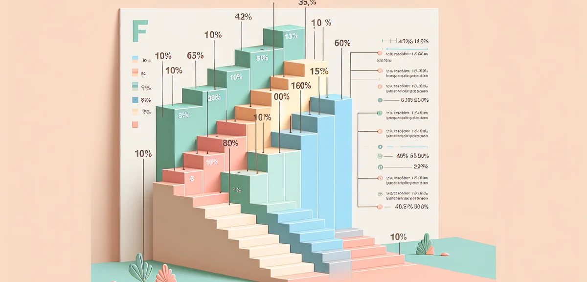 An infographic-style illustration showing income tax brackets as ascending stairs with percentage la