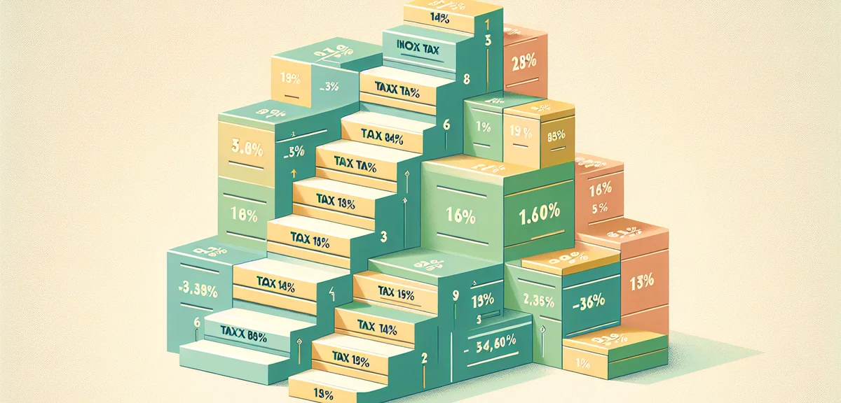 An infographic-style illustration showing income tax brackets as ascending stairs with percentage la