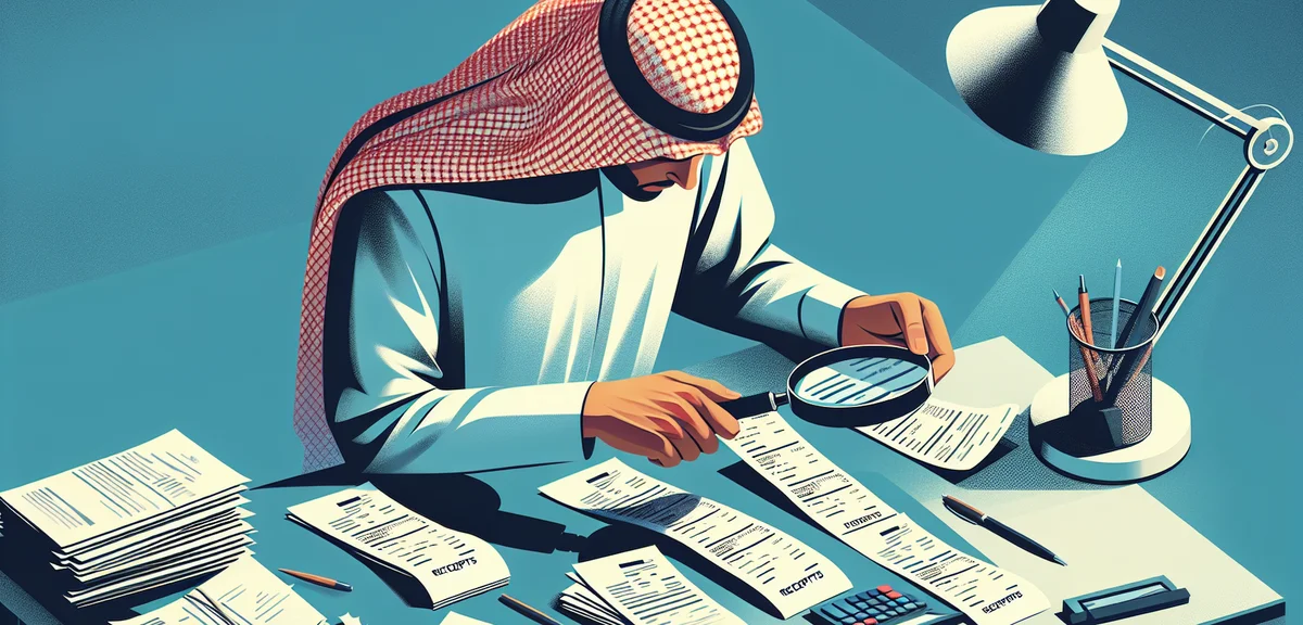 A flat illustration of a person organizing receipts and expense documents with a magnifying glass, b