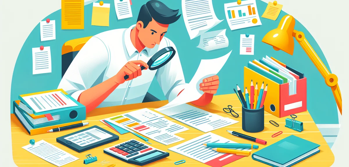 A flat illustration of a person organizing receipts and expense documents with a magnifying glass, b