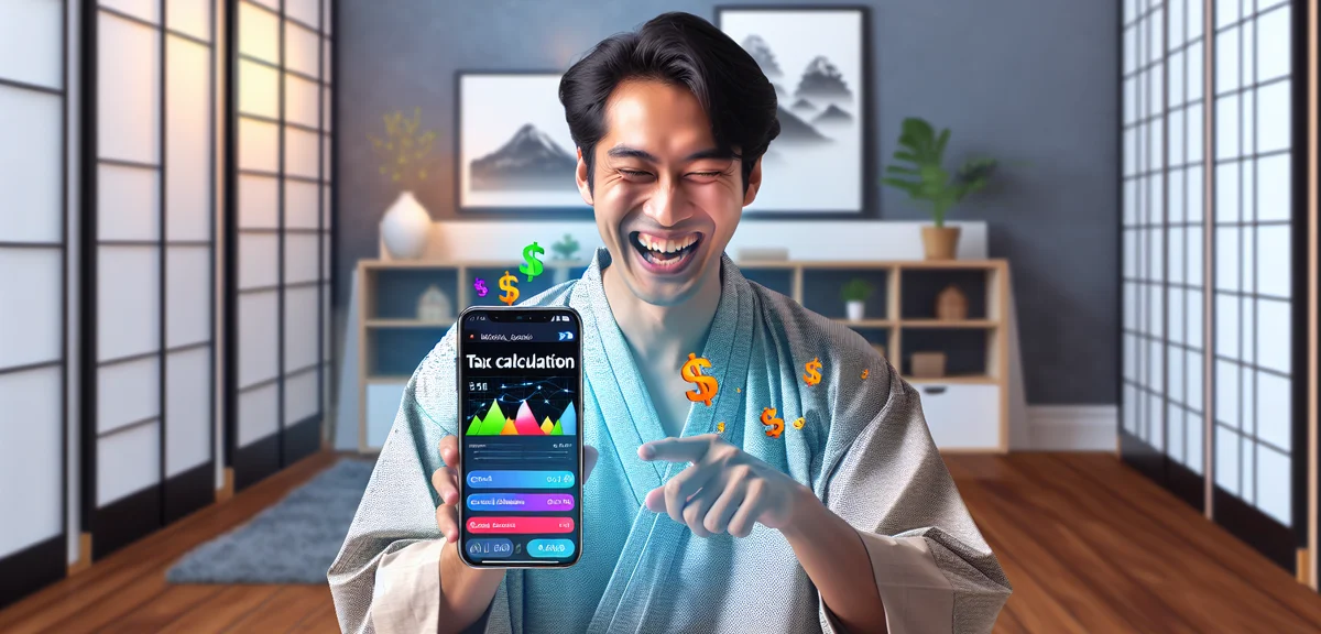 A cheerful illustration of a person using a smartphone tax app with graphs showing savings, modern J