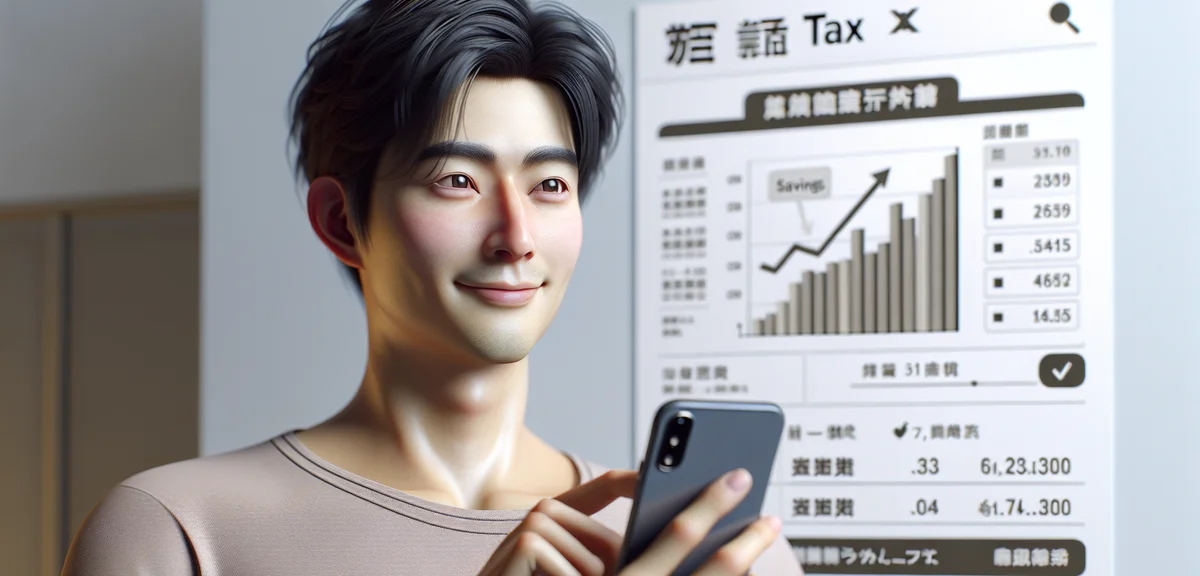 A cheerful illustration of a person using a smartphone tax app with graphs showing savings, modern J