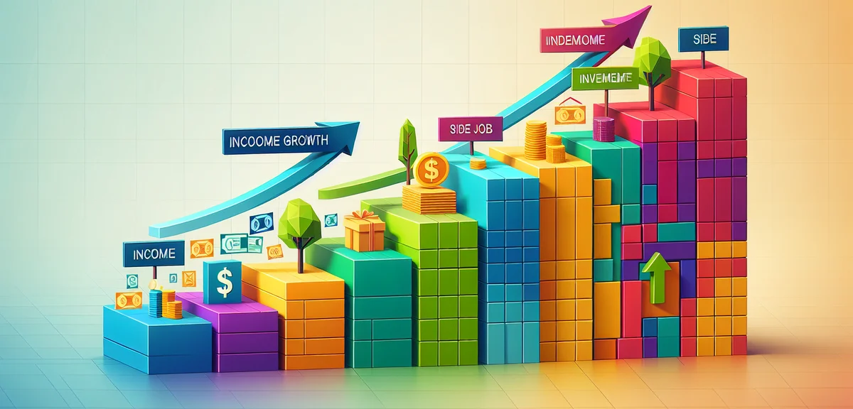 Step-by-step ascending blocks showing income growth from side job to investment, infographic style i