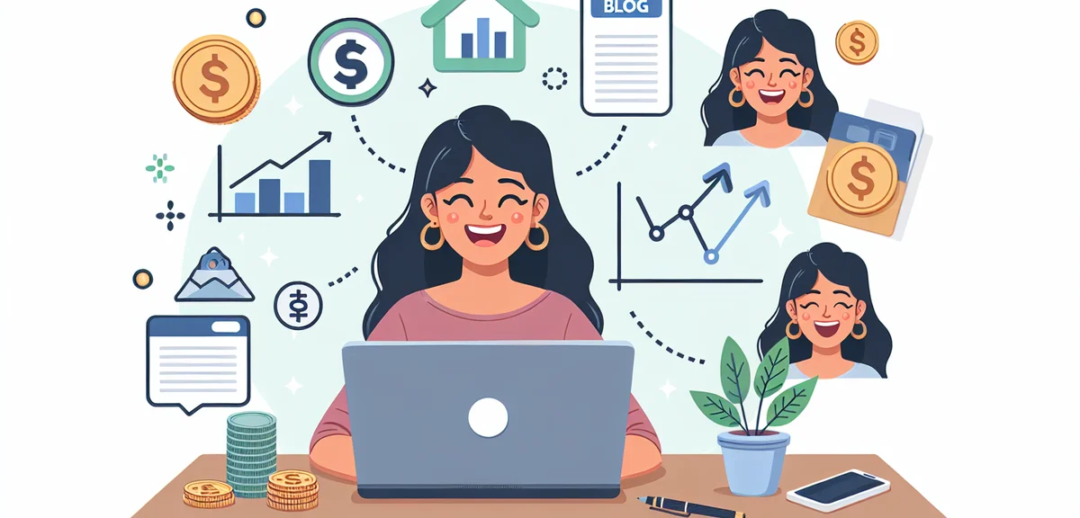 A happy person at a laptop with passive income symbols floating around - coins, graphs, blog icons, 