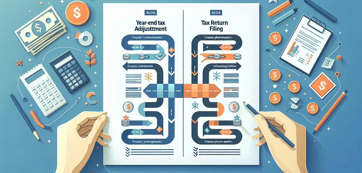 A clear infographic illustration showing the difference between year-end tax adjustment and tax retu