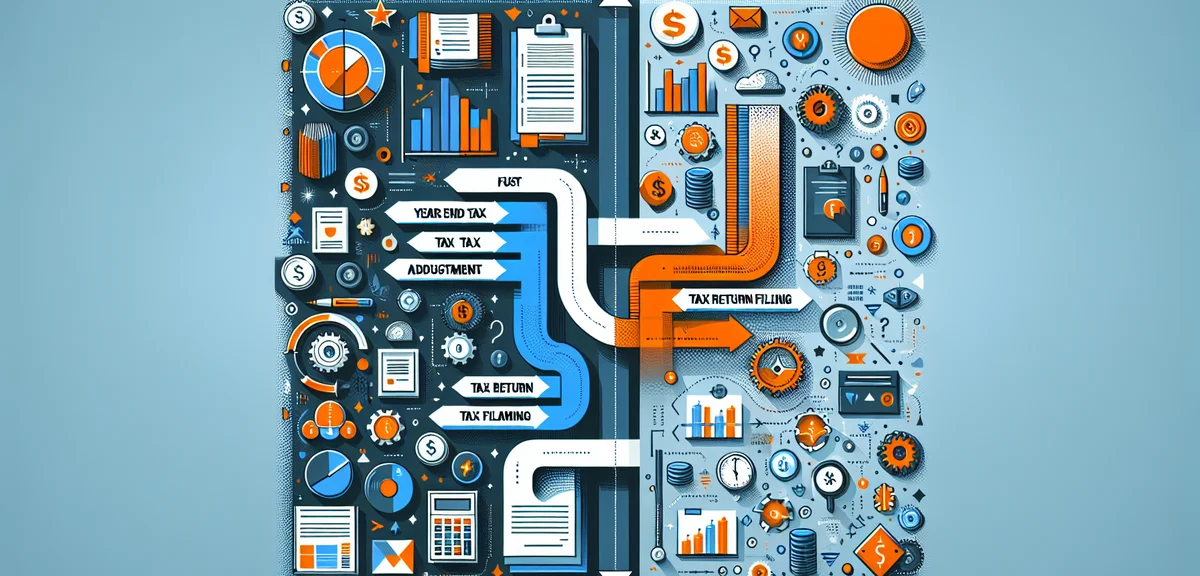 A clear infographic illustration showing the difference between year-end tax adjustment and tax retu