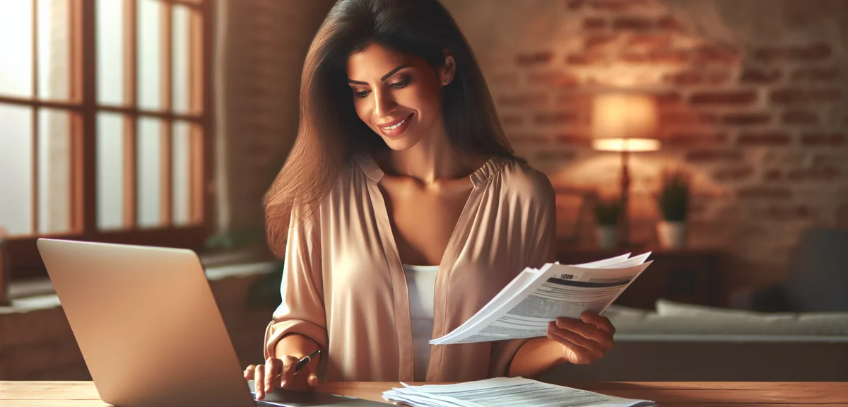 An illustration of a person confidently handling tax documents at home with a laptop, showing relief
