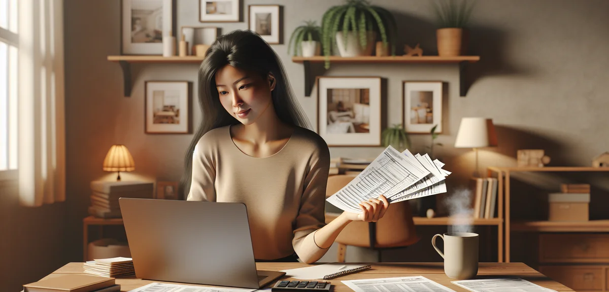 An illustration of a person confidently handling tax documents at home with a laptop, showing relief