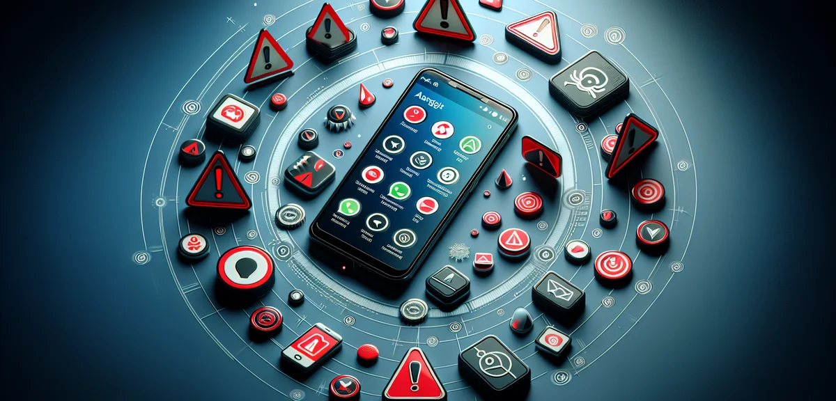 Warning signs and red flags around a suspicious smartphone app, danger symbols, alert icons, caution