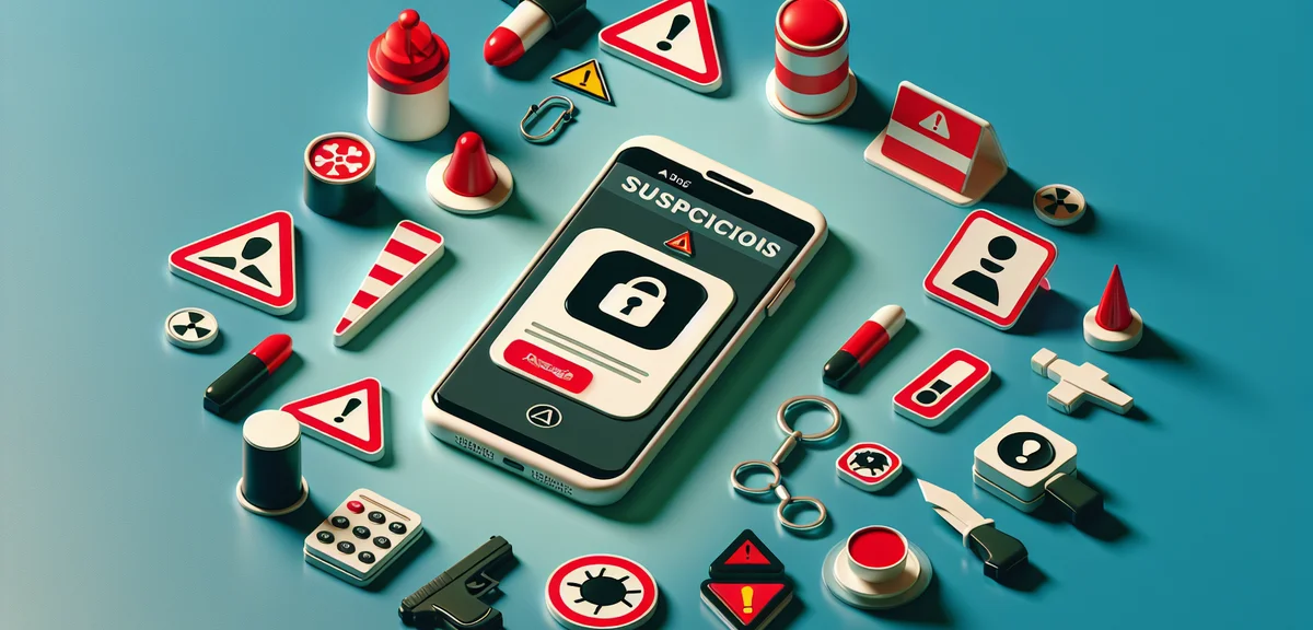 Warning signs and red flags around a suspicious smartphone app, danger symbols, alert icons, caution