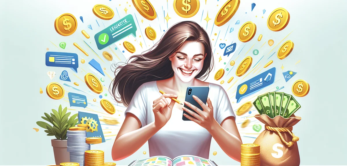 Happy person earning money through legitimate smartphone work, coins and positive icons, cheerful il