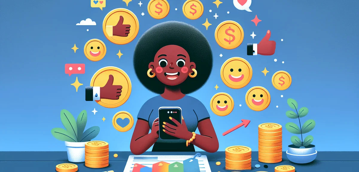 Happy person earning money through legitimate smartphone work, coins and positive icons, cheerful il