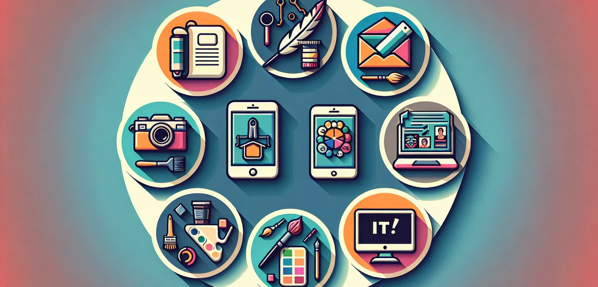 An illustration showing 7 different side job icons arranged in a circle - writing, camera, shopping 