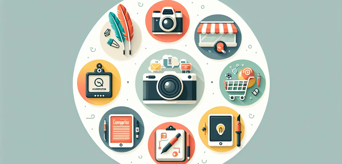 An illustration showing 7 different side job icons arranged in a circle - writing, camera, shopping