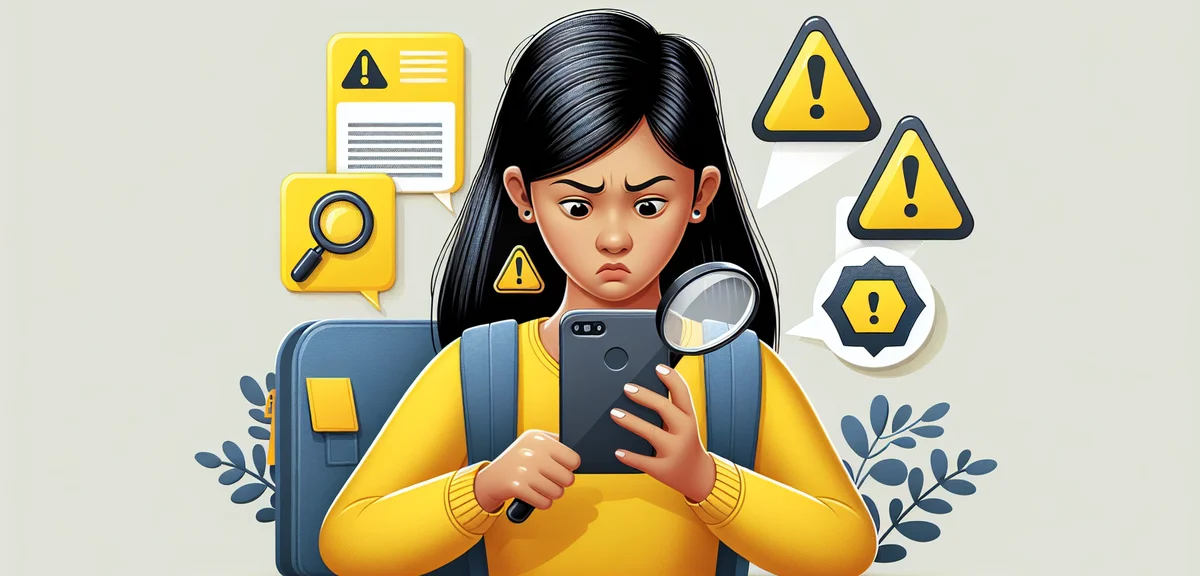 A warning-style illustration showing a student carefully examining a suspicious offer on their phone