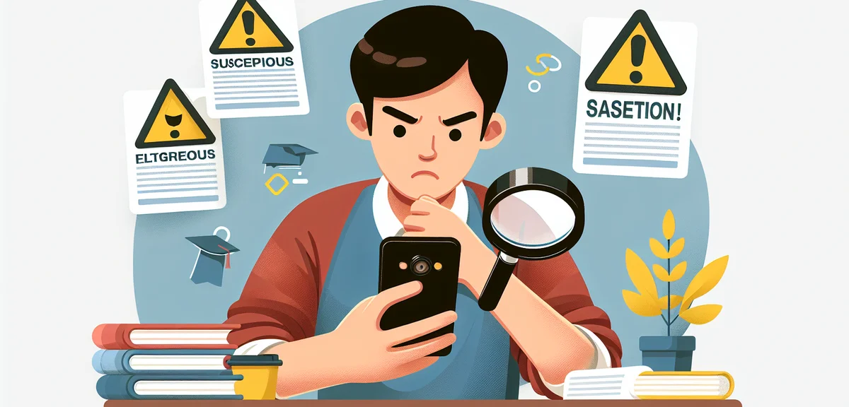 A warning-style illustration showing a student carefully examining a suspicious offer on their phone