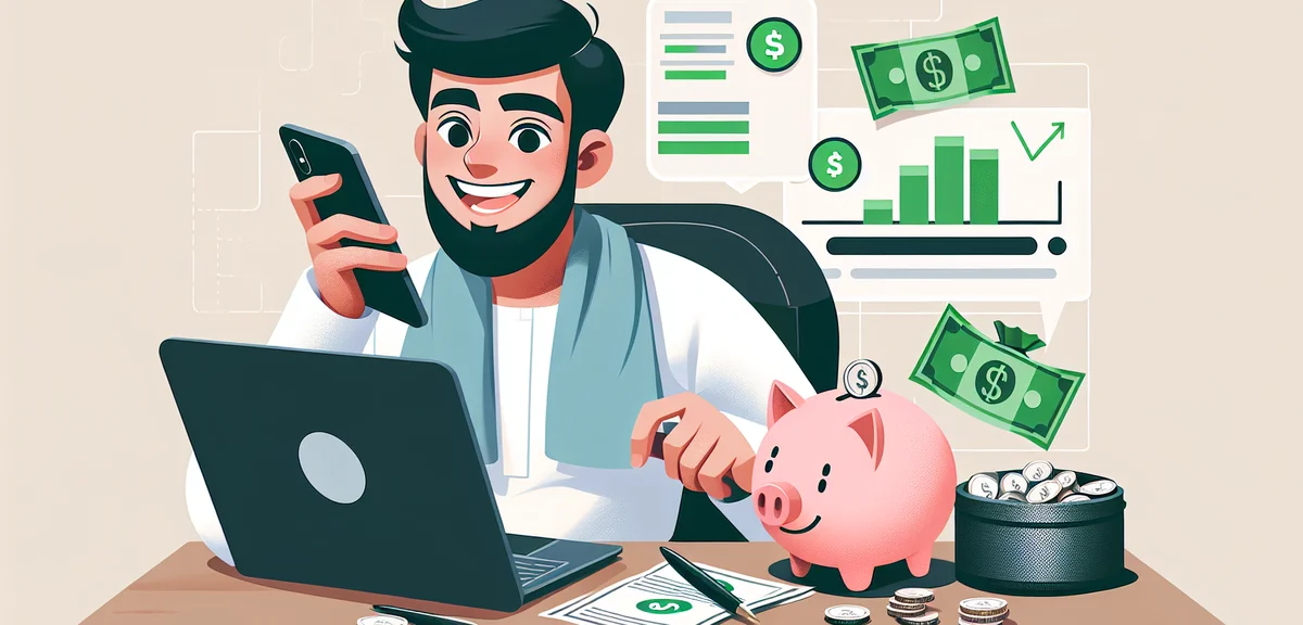 An illustration of a student happily checking earnings on a laptop with a piggy bank and coins nearb