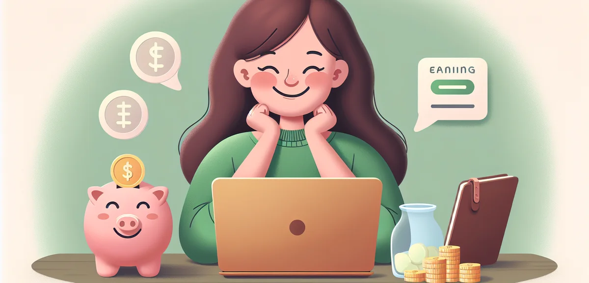 An illustration of a student happily checking earnings on a laptop with a piggy bank and coins nearb