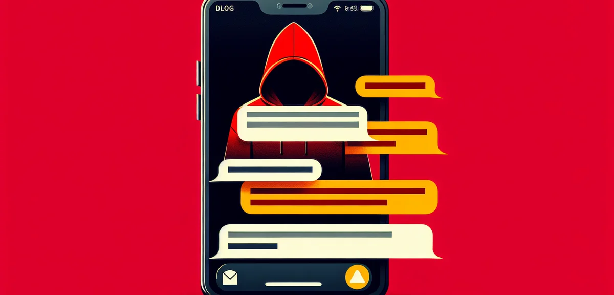 An illustration of a shady social media DM conversation on a phone screen, with a hooded figure behi
