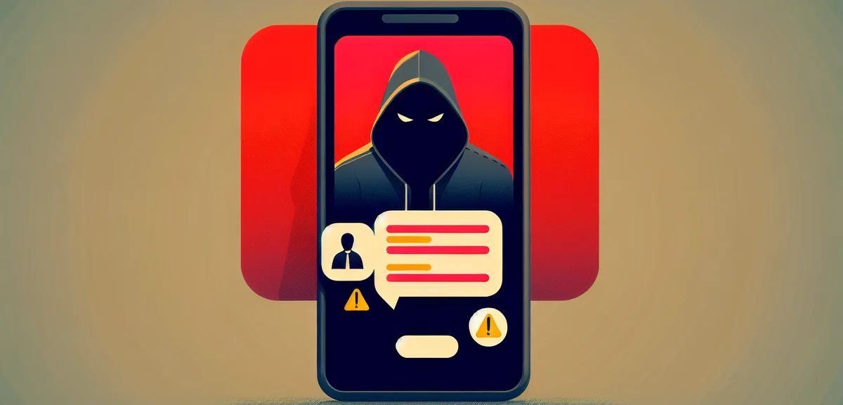 An illustration of a shady social media DM conversation on a phone screen, with a hooded figure behi