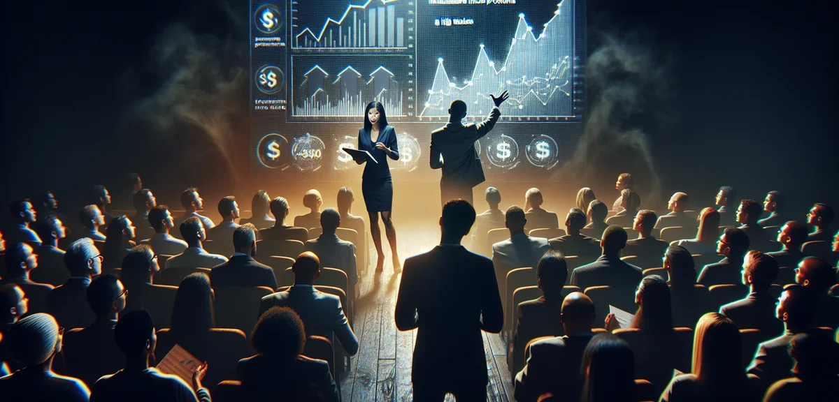 A person attending a high-pressure sales seminar in a dimly lit room, with a presenter showing unrea