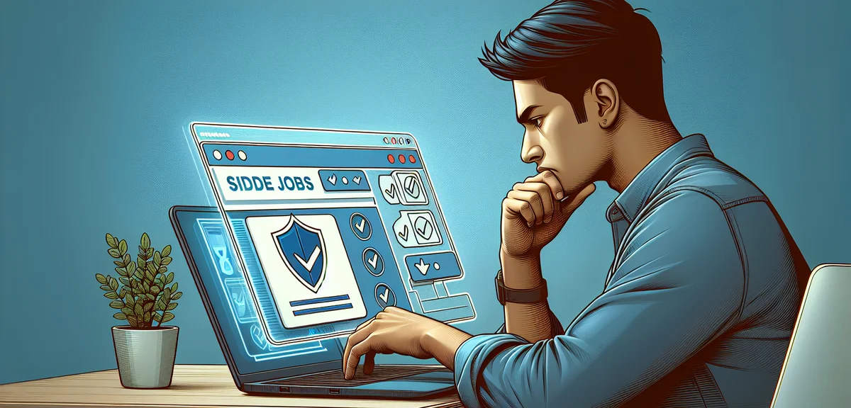 A bright and safe scene of a person researching legitimate side jobs on a laptop with a shield icon,