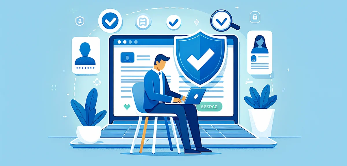 A bright and safe scene of a person researching legitimate side jobs on a laptop with a shield icon,