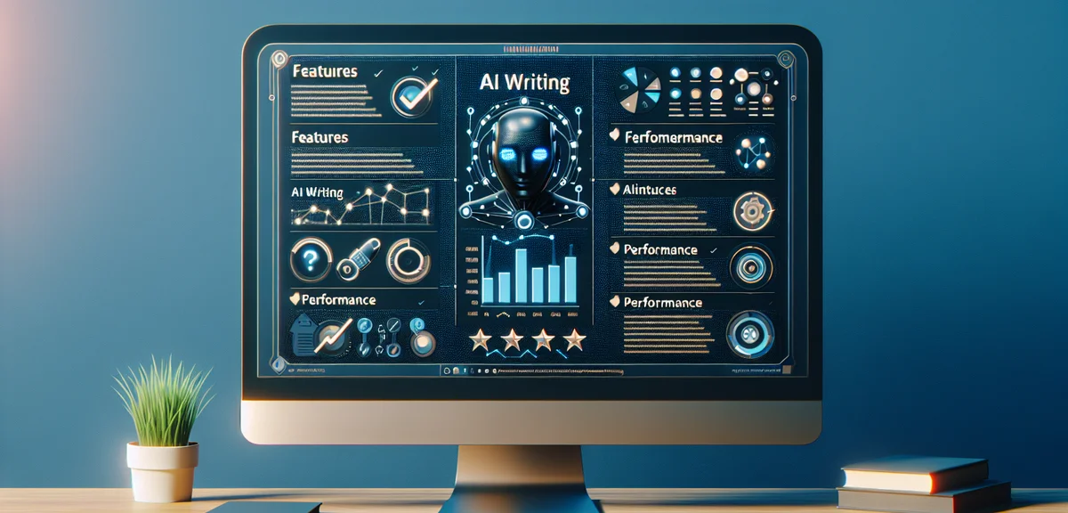 A detailed comparison chart of AI writing tools displayed on a large monitor screen, with rating sta