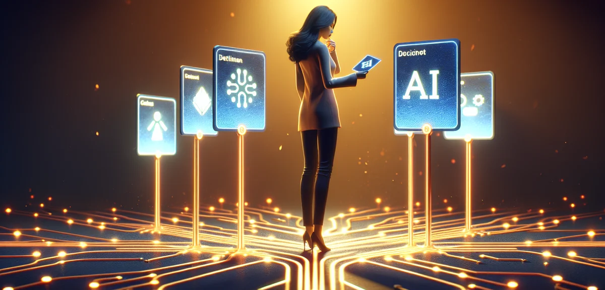 A person choosing between multiple AI tools represented as glowing cards, each showing different fea