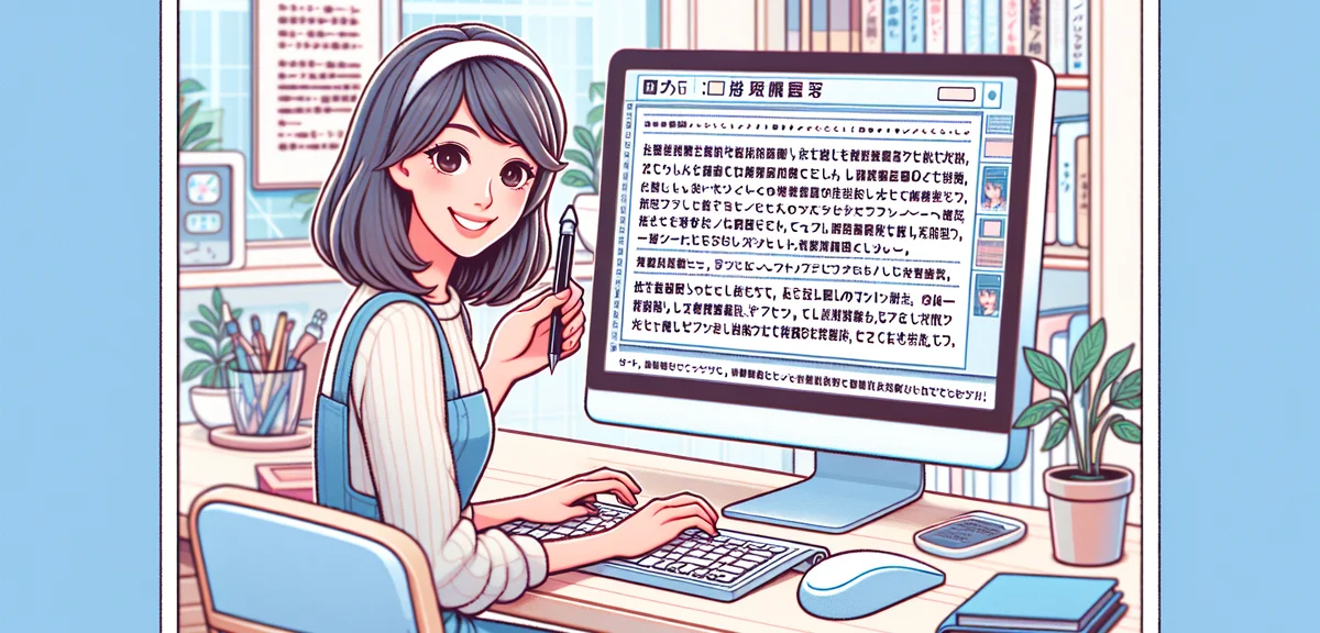 A blogger using AI text generation tool on laptop, seeing perfectly written Japanese blog articles o