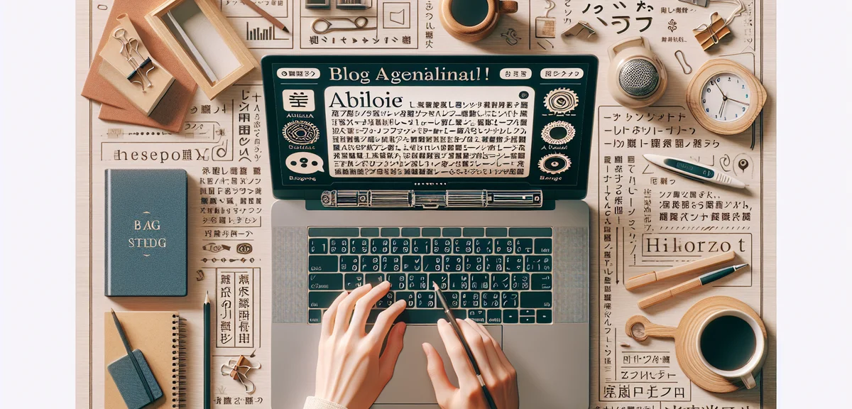 A blogger using AI text generation tool on laptop, seeing perfectly written Japanese blog articles o