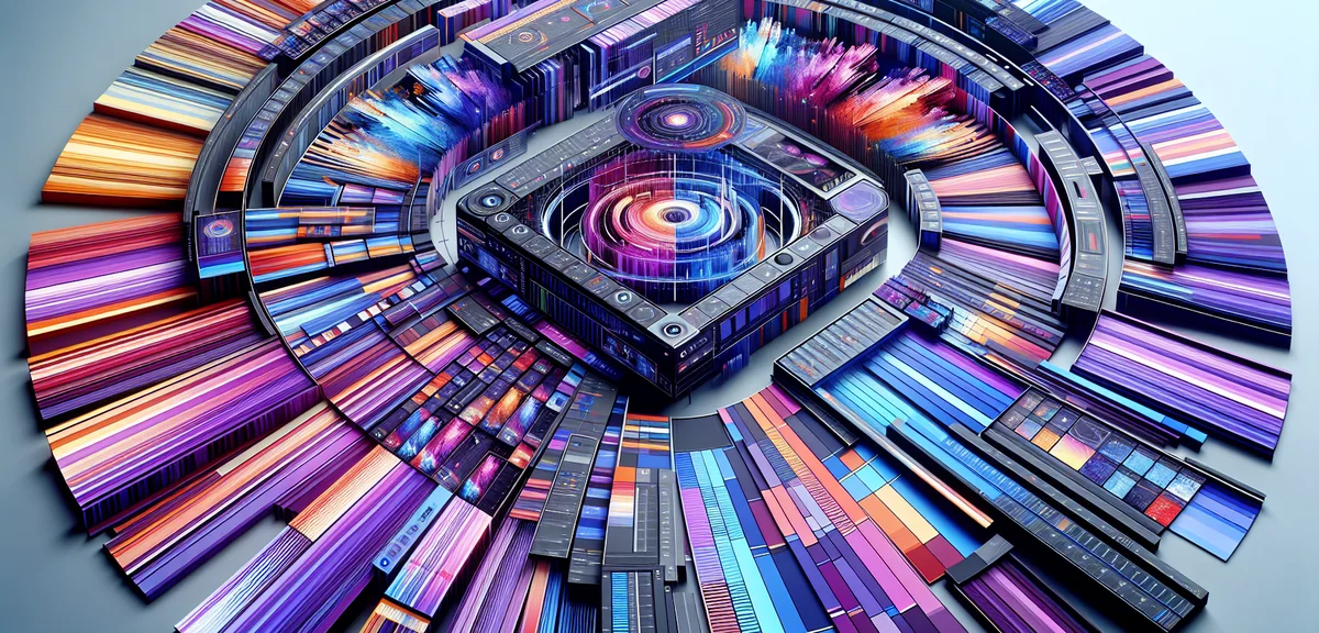 An illustration of various video editing software interfaces side by side, colorful timelines and pr