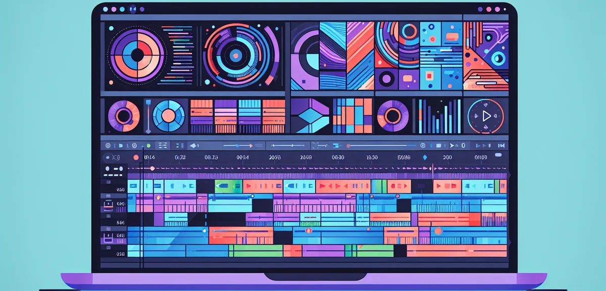 An illustration of various video editing software interfaces side by side, colorful timelines and pr