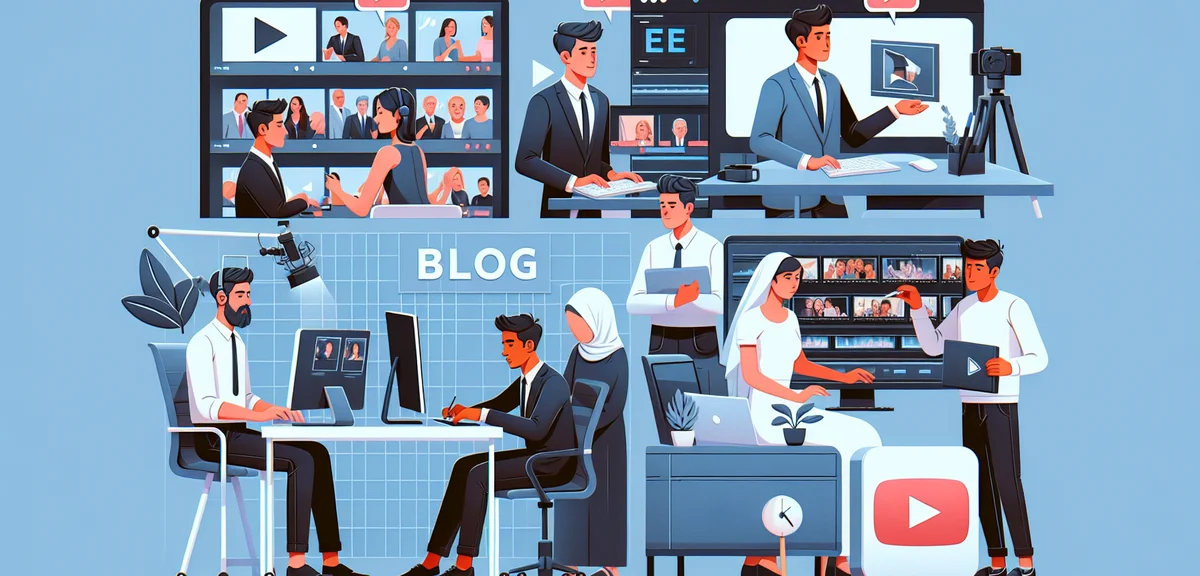 An illustration showing different video editing job types - YouTube thumbnails, corporate videos, we