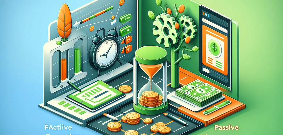 A comparison illustration of freelance work (time-based) vs passive income (automated blog), split s